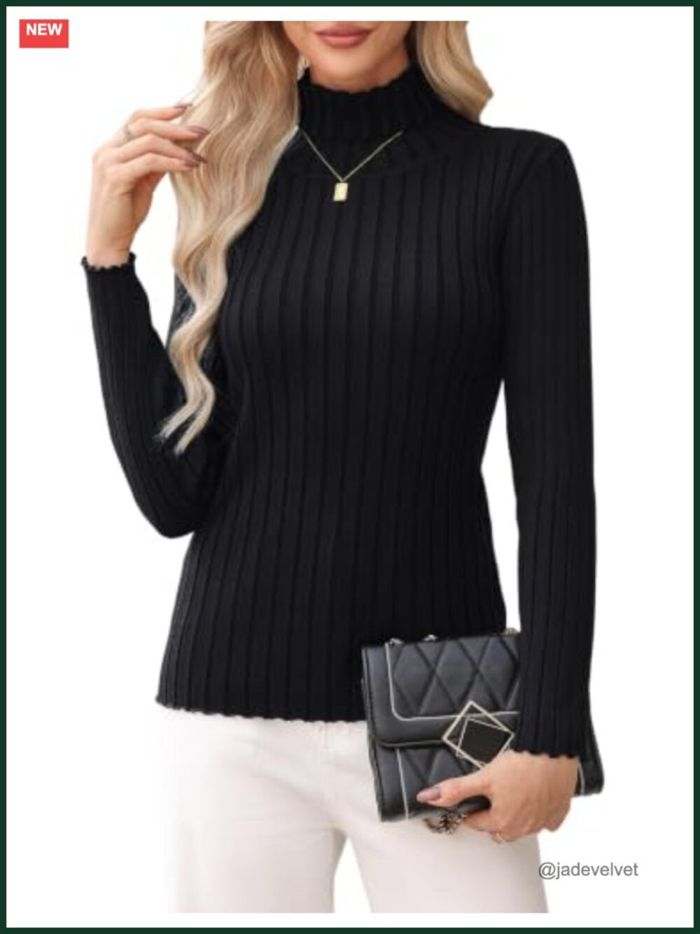 Turtleneck Sweater Long Sleeve Ribbed Knit Pullover Ruffle Trim